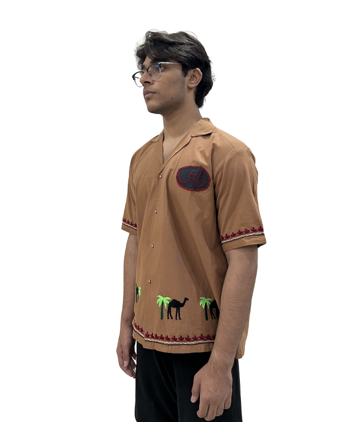 Brown Cuban Collar Hand Embroidered Shirt
