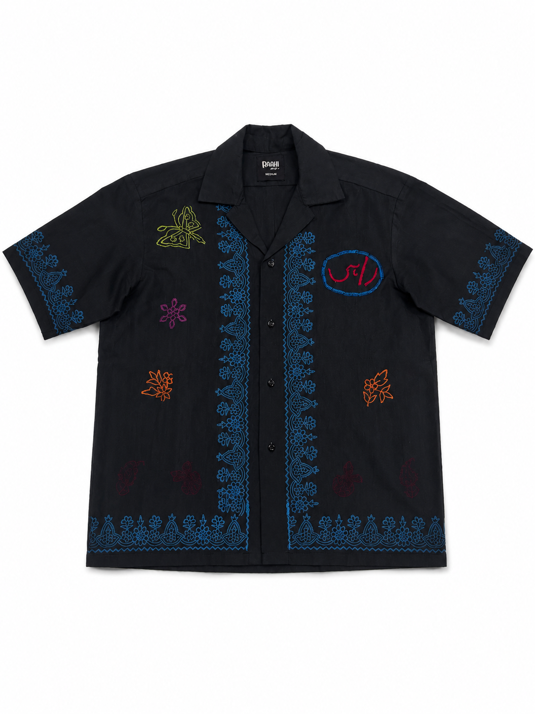Black Cuban Collar Block Printed Shirt