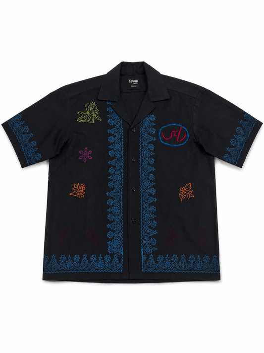Black Cuban Collar Block Printed Shirt