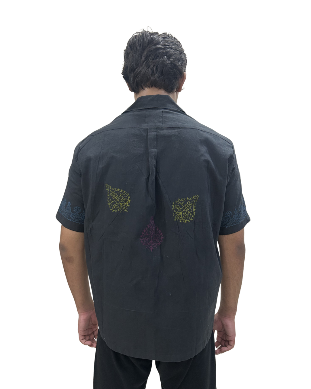 Black Cuban Collar Block Printed Shirt