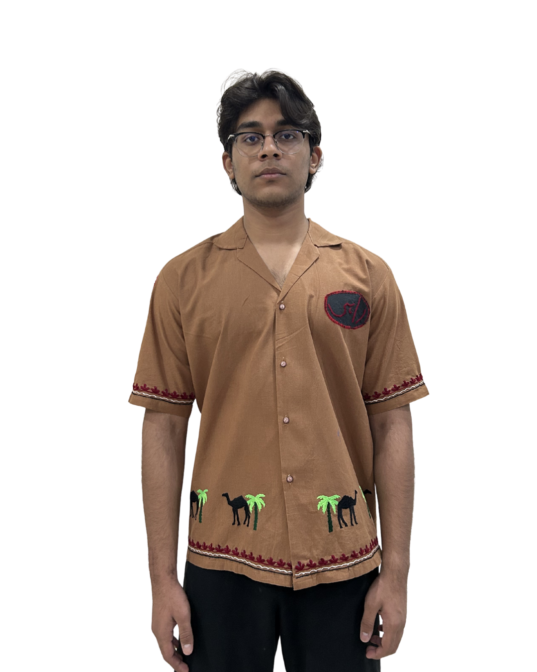 Brown Cuban Collar Hand Embroidered Shirt