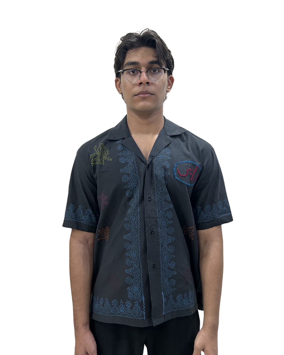 Black Cuban Collar Block Printed Shirt
