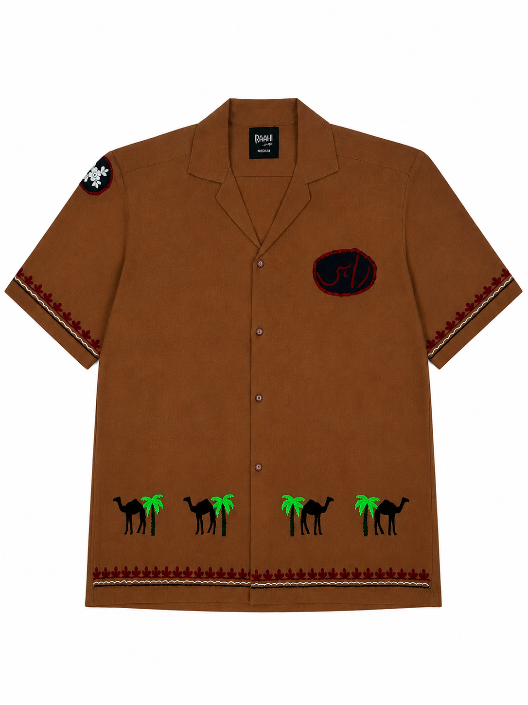 Brown Cuban Collar Hand Embroidered Shirt