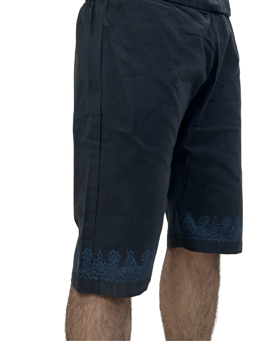 Black Cuban Collar Block Printed Shorts