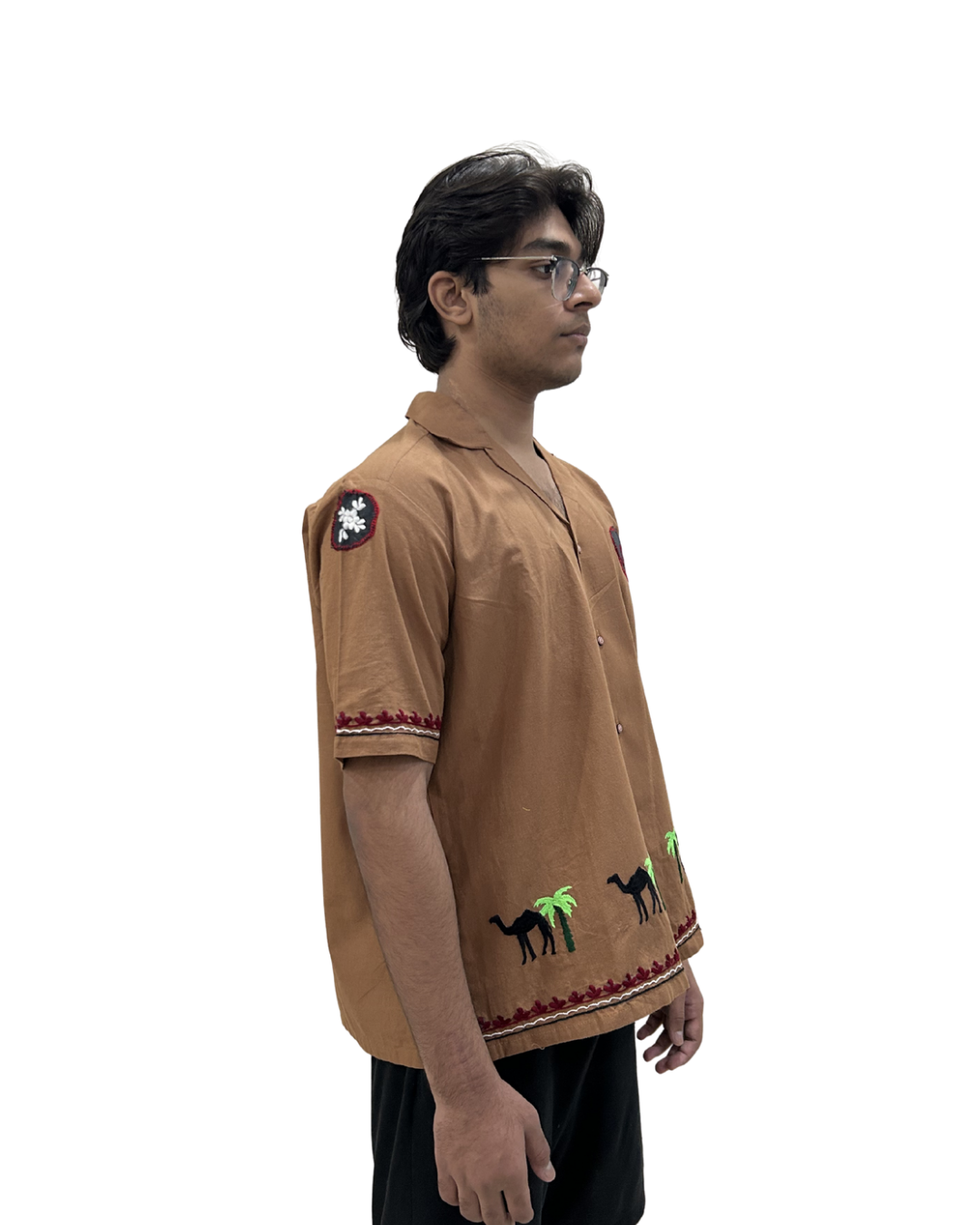Brown Cuban Collar Hand Embroidered Shirt