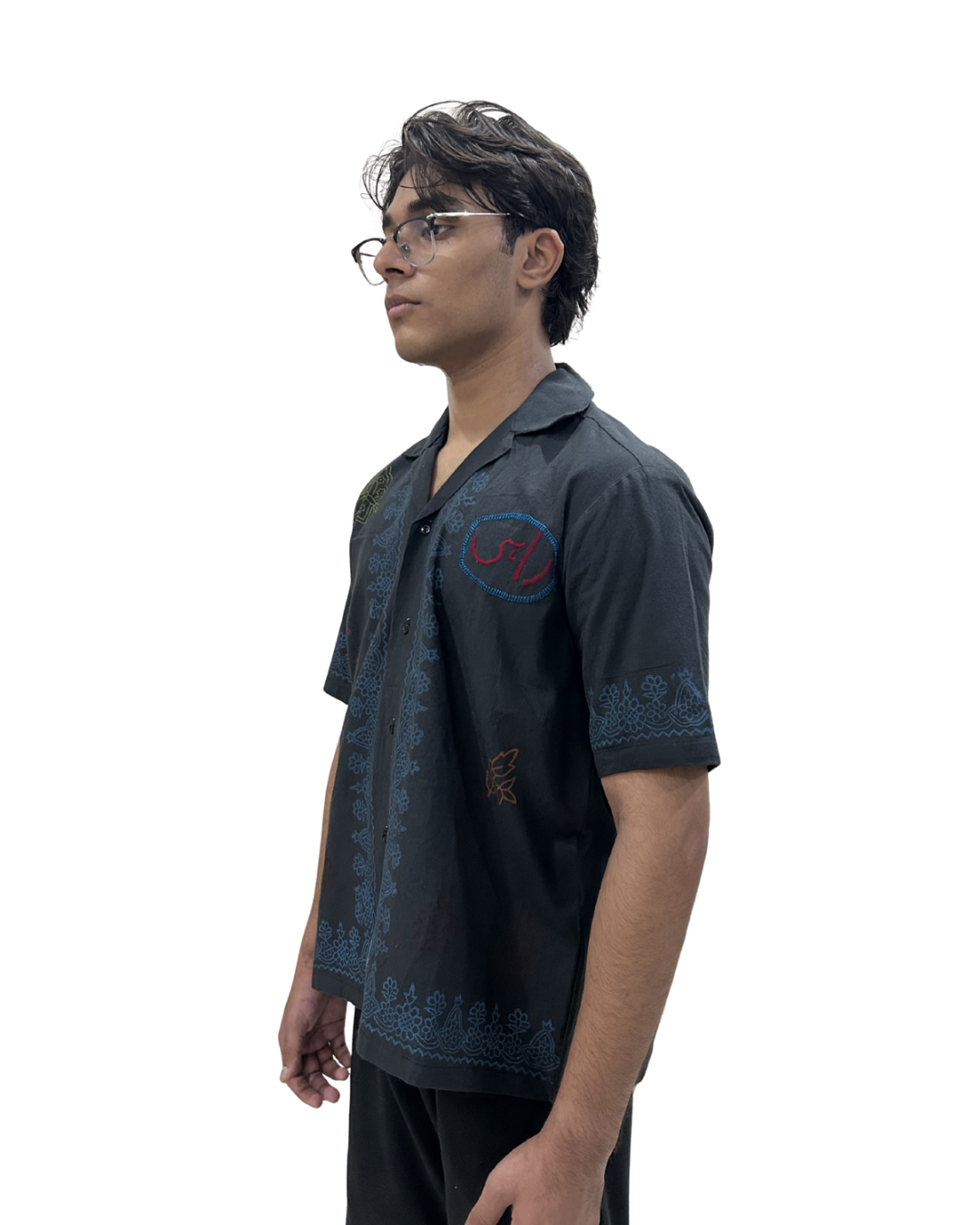 Black Cuban Collar Block Printed Shirt