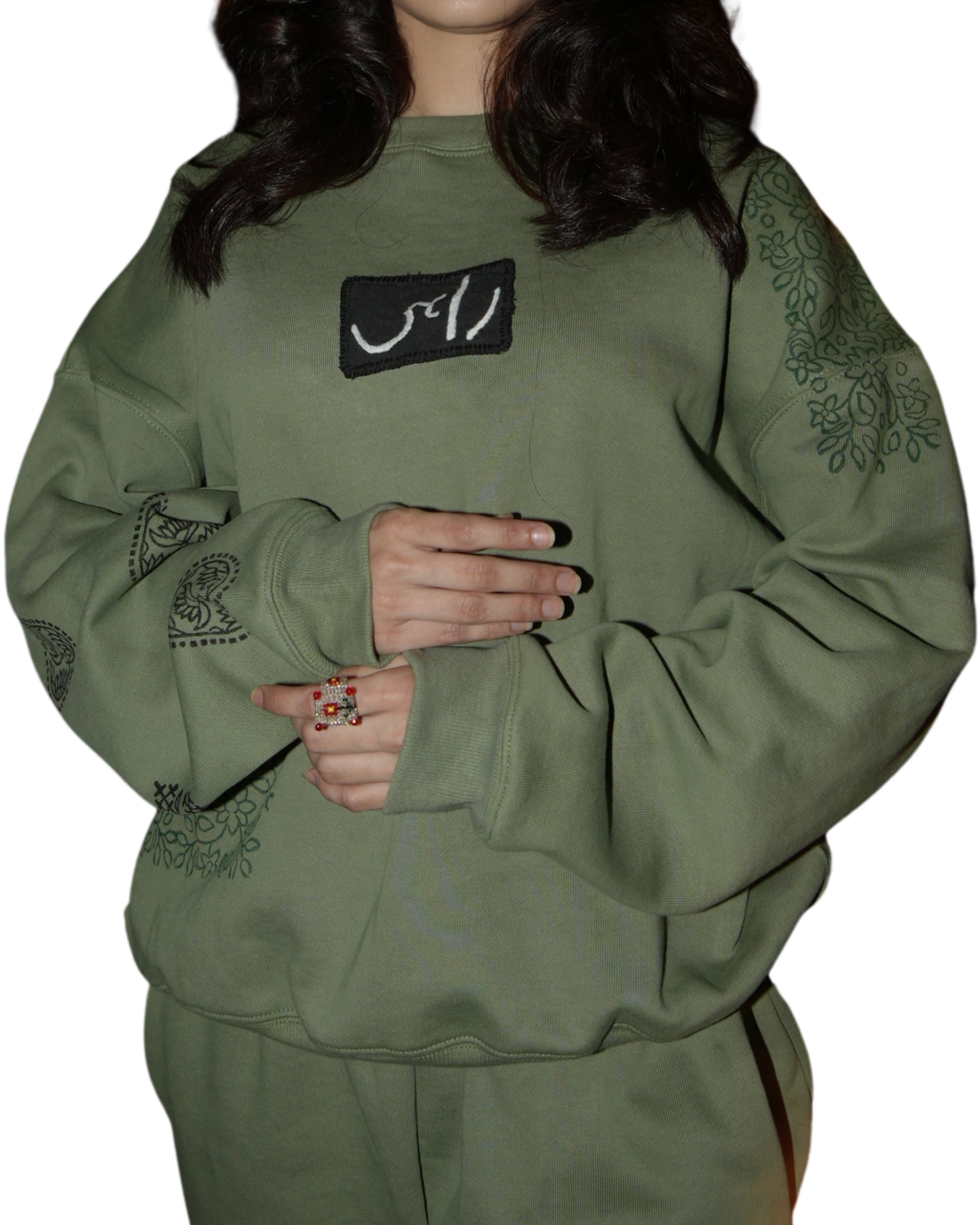 Sabza- Olive Green Block Printed Sweat Shirt