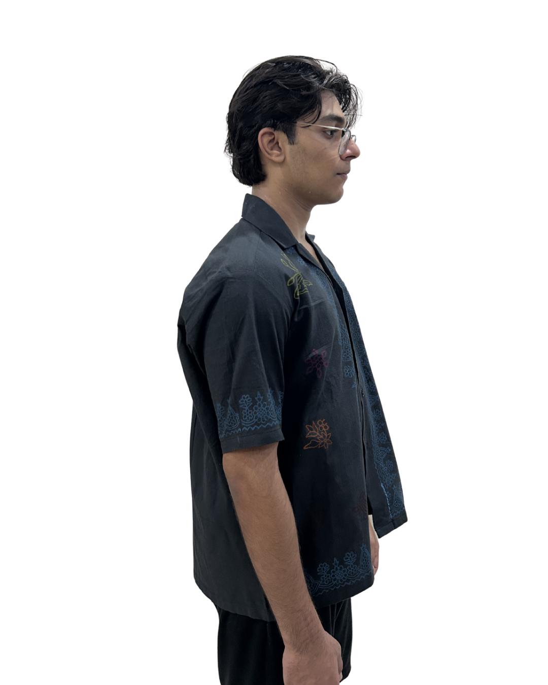 Black Cuban Collar Block Printed Shirt